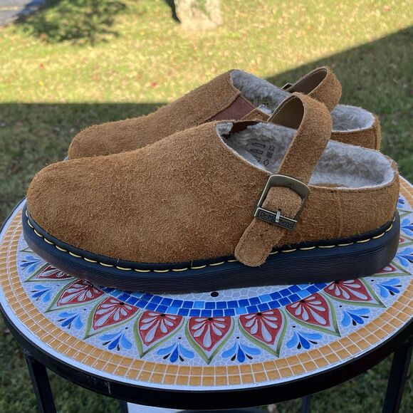 Dr Doc Martens Isham Slingback Mules Mens Sz 11 Faux Shearling Suede Pecan NEW - Picture 3 of 8